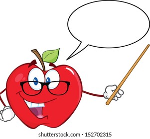 Smiling Apple Teacher Character With A Pointer And Speech Bubble