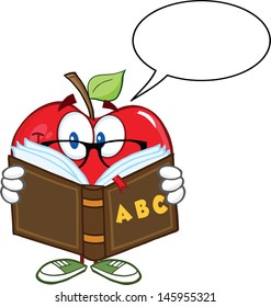 Smiling Apple Teacher Character Reading A Book With Speech Bubble. Vector EPS 10