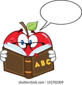 Smiling Apple Teacher Character Reading A Book With Speech Bubble