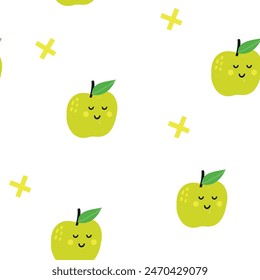 Smiling apples flat hand drawn seamless pattern. Healthy nutrition cartoon texture. Organic food illustrations. Kids nutrition sketch colour clipart. Kitchen textile, background vector fill.