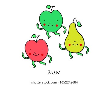 Smiling Apples and Pear Run, Friendship and Healthy Life Concept, Vector Doodle Illustration