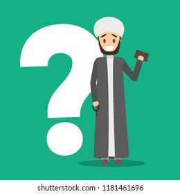 Smiling arab character in white and grey national clothes standing at the question mark. Arabian character. Flat vector illustration