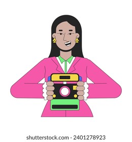 Smiling arab female holding instant camera 2D linear cartoon character. Middle eastern girl picture taking isolated line vector person white background. Nostalgia memories color flat spot illustration
