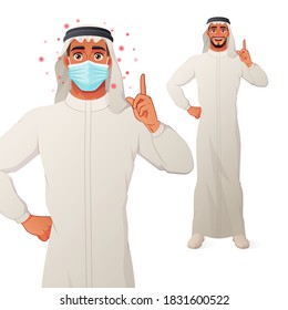 Smiling Arab Man In Face Mask Pointing Finger Up To Give Advice Or Recommendation. Protection From Coronavirus. Vector Illustration Isolated On White Background.