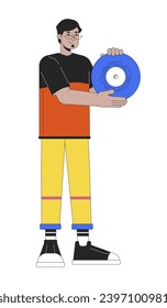 Smiling arab man holding vinyl record 2D linear cartoon character. Millennial guy enjoying retro music isolated line vector person white background. Nostalgia memories color flat spot illustration