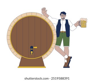 Hombre árabe sonriente que se apoya en el carácter de dibujos animados 2D del barril de cerveza de madera. Turista masculino del Medio Oriente que disfruta del Vector plano aislado de la persona de oktoberfest en el fondo blanco. Ilustración de punto colorido