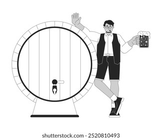 Smiling arab man leaning on wooden beer barrel black and white 2D line character. Middle eastern male tourist enjoying oktoberfest isolated vector outline person. Monochromatic spot illustration