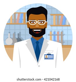 Smiling arab scientist in laboratory on a round emblem.