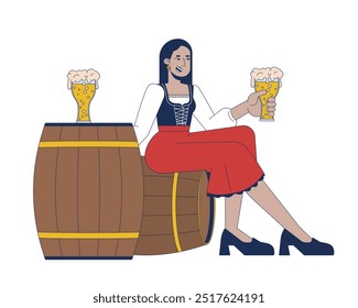 Smiling arab woman with beer sitting on cask cartoon flat illustration. Octoberfest holiday female guest 2D character isolated on white background. Traditional event scene vector color image