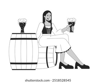 Smiling arab woman with beer sitting on cask cartoon black and white line illustration. Octoberfest holiday female guest 2D linear character isolated. Traditional event monochrome vector outline image