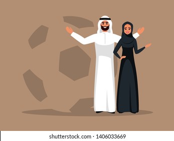 Smiling Arab woman and man stand together with open arms on soccer ball background. Vector Design with successful Muslim people working together on world championship cup