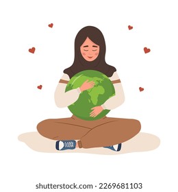 Smiling arabian woman hugs Planet Earth with care and love. Caring for Nature and environment. Ecological awareness concept. Make an everyday earth day. Vector illustration in flat cartoon style.