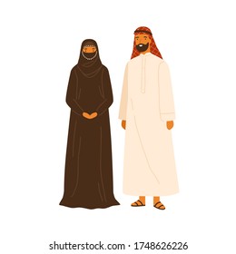 Smiling arabic couple in traditional apparel standing together vector flat illustration. Friendly muslim man and woman wearing national clothes isolated on white. Islamic people in hijab outfit
