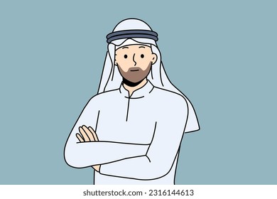 Smiling Arabic man in traditional national costume. Happy arabian bearded male in ethnic headwear and clothes. Vector illustration. 