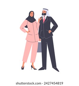 Smiling Arabic man in turban and woman in hijab vector flat illustration. Muslim business fashion in traditional national outfit in pink and black colors. Stylish Islamic couple characters isolated