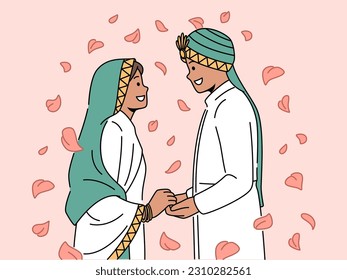 Smiling Arabic man and woman in traditional wedding costumes enjoy marriage ceremony. Happy bride and groom during cultural ethnic celebration. Vector illustration. 