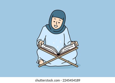 Smiling Arabic woman in abaya read Koran at home. Happy Arabian female in hijab pray with holy muslim book. Vector illustration. 