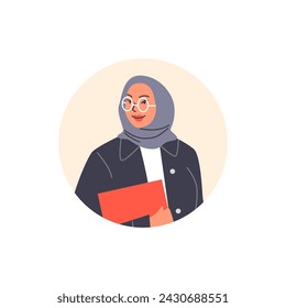 Smiling Arabic woman in black hijab and glasses vector flat illustration. Stylish Muslim businesswoman with folder in national outfit. Islamic female character isolated, avatar in circle frame