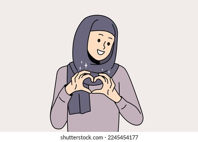 Una mujer árabe sonriente con hijab muestra gesto de la mano del corazón que envía amor y cuidado. La feliz mujer árabe se siente agradecida y agradecida. Concepto de gratitud. Ilustración vectorial. 