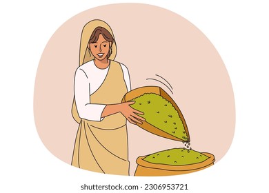 Smiling Arabic woman in traditional clothes winnowing grains in fields. Happy arab female working in agricultural farms collecting and sifting harvest. Agriculture. Vector illustration.