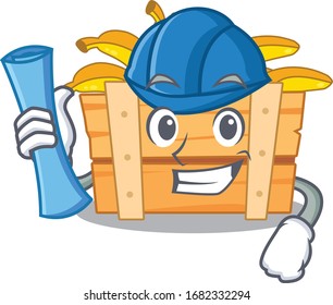 Arquitecto sonriente de cajas de fruta de plátanos con huellas azules y casco azul
