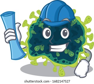 Smiling Architect of beta coronavirus having blue prints and blue helmet