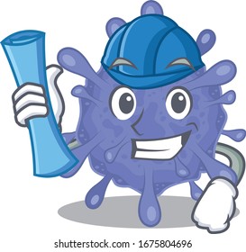 Smiling Architect of biohazard viruscorona having blue prints and blue helmet