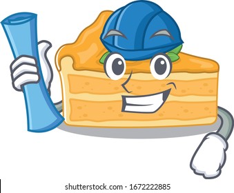 Smiling Architect of cheesecake orange having blue prints and blue helmet
