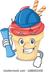 Smiling Architect of cherry ice cream having blue prints and blue helmet