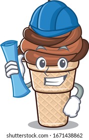 Smiling Architect of chocolate ice cream having blue prints and blue helmet