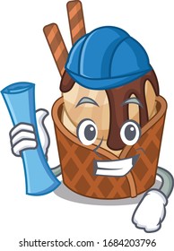 Smiling Architect of coffee ice cream having blue prints and blue helmet