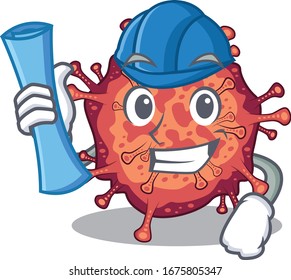 Arquitecto sonriente de virus de la corona contagiosa con huellas azules y casco azul