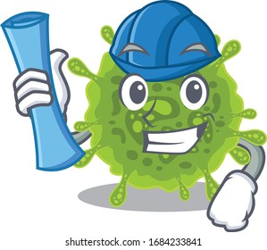 Smiling Architect of coronavirus having blue prints and blue helmet