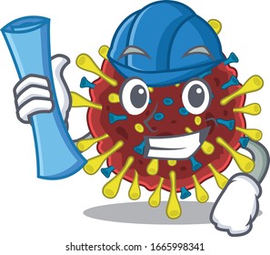 Arquitecto sonriente de molécula de coronavirus con planos y casco azul