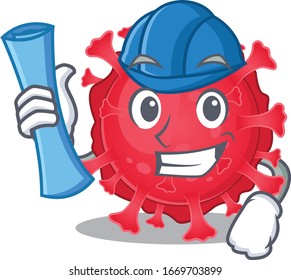 Smiling Architect of coronavirus substance having blue prints and blue helmet