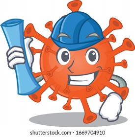 Smiling Architect of deadly corona virus having blue prints and blue helmet