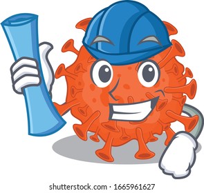 Smiling Architect of electron microscope coronavirus holding blueprints and blue helmet