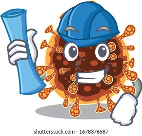 Arquitecto sonriente del coronavirus gamma con huellas azules y casco azul