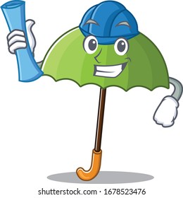 Smiling Architect of green umbrella having blue prints and blue helmet