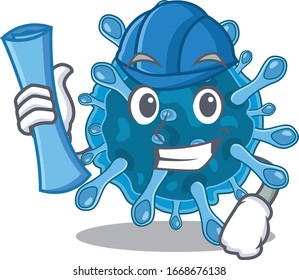 Smiling Architect of microscopic corona virus having blue prints and blue helmet