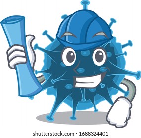 Smiling Architect of moordecovirus having blue prints and blue helmet