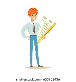 Smiling architect in orange helmet holding project blueprints rolls and ruler colorful character vector Illustration