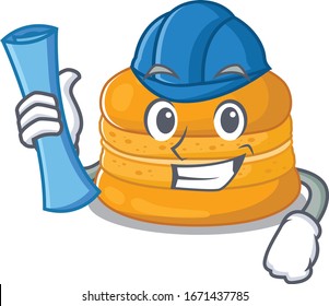 Smiling Architect of orange macaron having blue prints and blue helmet