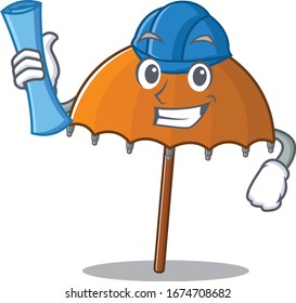 Smiling Architect of orange umbrella having blue prints and blue helmet