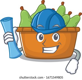 Smiling Architect of pear fruit box having blue prints and blue helmet