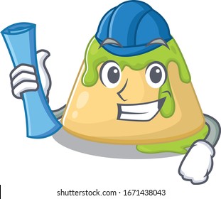 Smiling Architect of pudding green tea having blue prints and blue helmet