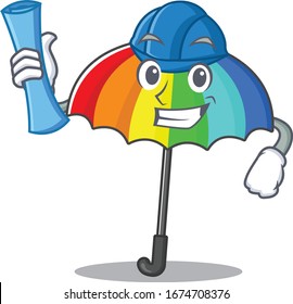 Smiling Architect of rainbow umbrella having blue prints and blue helmet