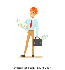 Smiling architect standing and holding project blueprints and briefcase, colorful character vector Illustration