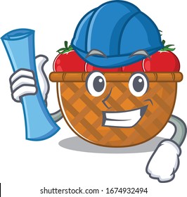 Smiling Architect of tomato basket having blue prints and blue helmet