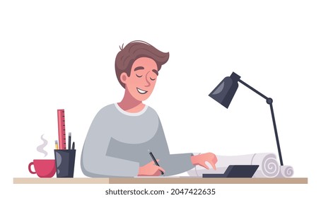 Arquitecto sonriente trabajando en su escritorio caricatura ilustración vectorial